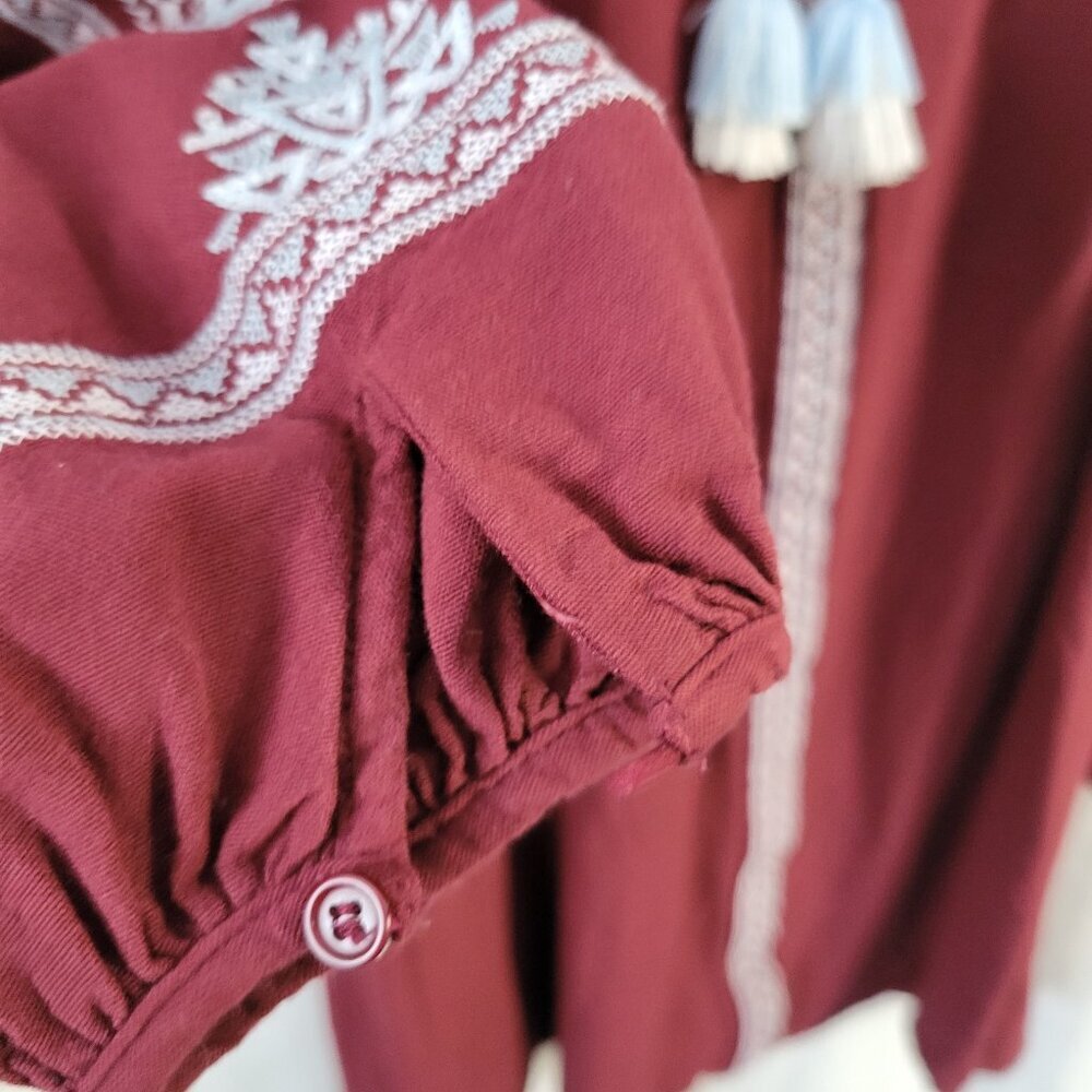 Blue Rain Top Peasant BOHO Tied Med. tassel Embroidered tunic cottage retro Rayo - Picture 7 of 13
